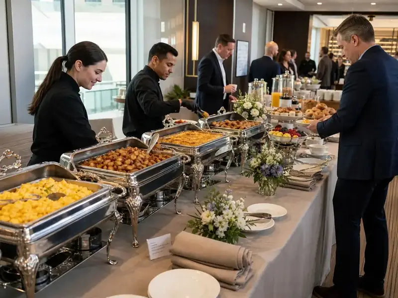 Full-service Walnut Creek breakfast catering with uniformed staff, hot buffet selections, fruit, pastries, and tabletop florals.